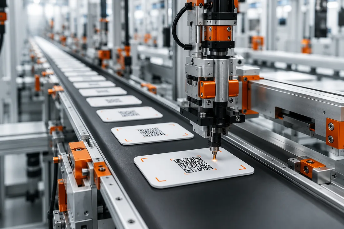 Fertigungslinie: weiße ID-Karten mit QR-Code und orangen Scan-Klammern werden ab Werk in die Produktlinie integriert