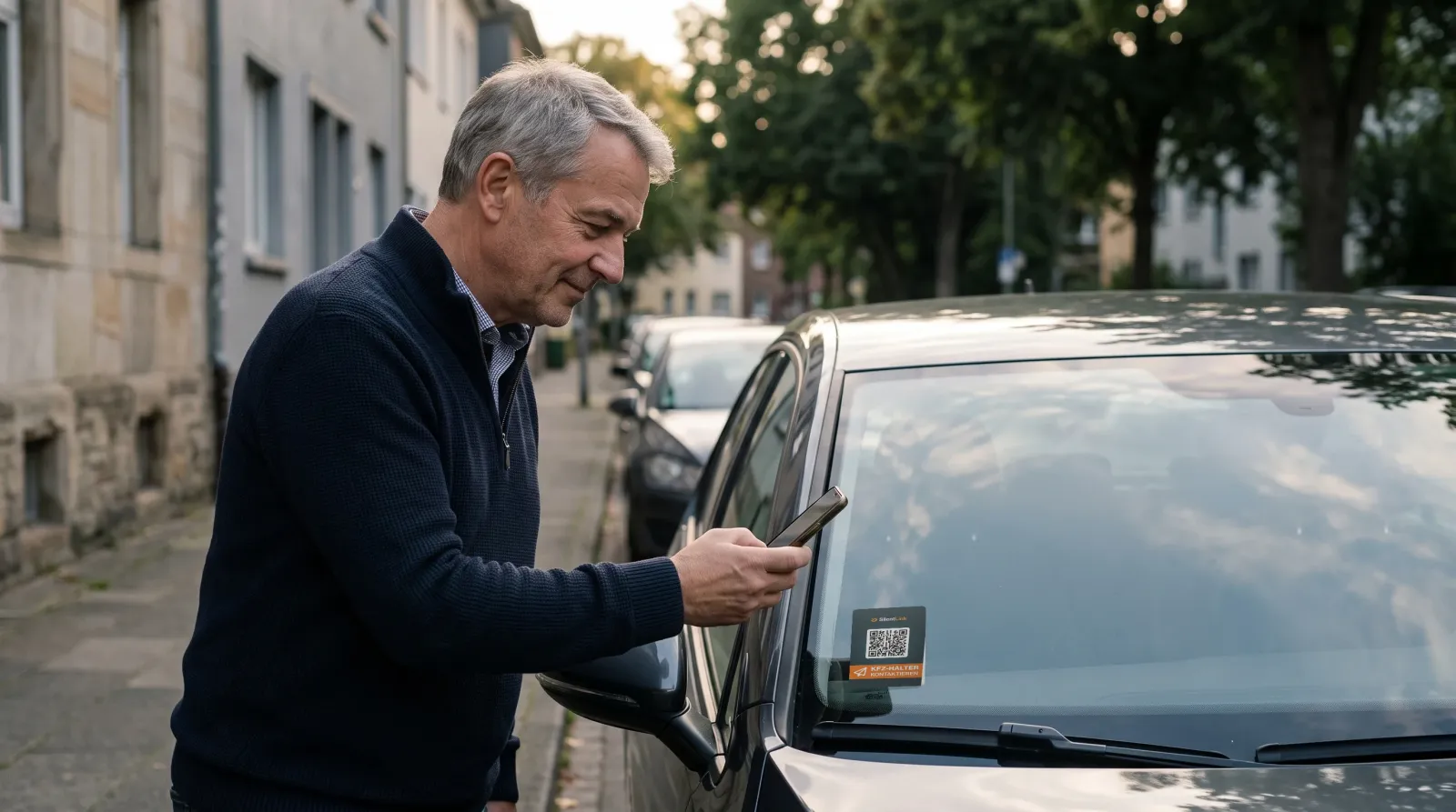 Ein Mann scannt mit seinem Handy den QR-Code-Aufkleber DriveID hinter der Windschutzscheibe eines geparkten Autos